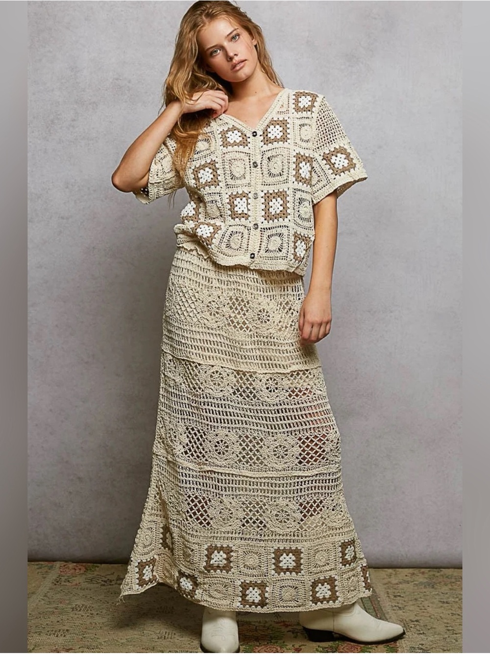 POL Clothing V-Neck Granny Square Crochet Maxi Skirt and Top Set